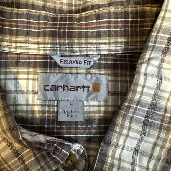 Carhartt Relaxed Fit Short Sleeve Button Down Shirt Brown Plaid Pocket Men's Lg - Picture 5 of 8